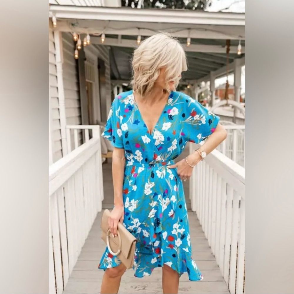 J.Crew Mercantile Short-Sleeve Floral Ruffle Wrap Midi Hi Lo Dress Blue 8 10 M